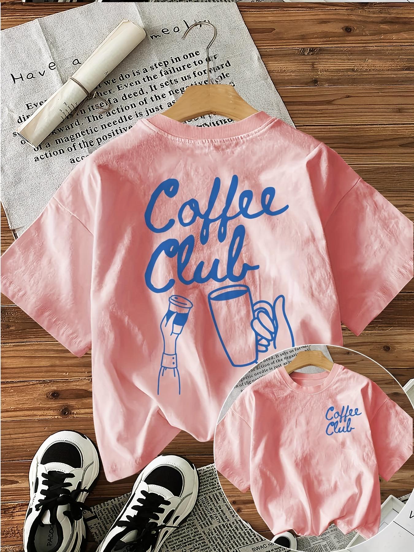 

Womens Casual Short Sleeve Crew Neck TShirt Coffee Club Graphic Print with Blue Lettering Coffee Cup Design Aesthetic Clothes 4XL