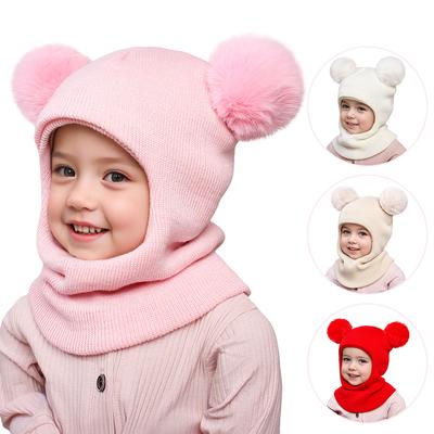 Double Ball Cute Girl Boy Beanie Knitted Winter Scarf Ear Warm Lapel Hat Suit for 3 8 Year Olds Beanies