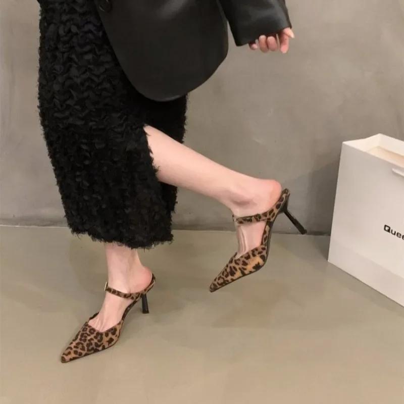 Women's Single Shoes Summer and Autumn Sexy Leopard Pattern Pointed Thin Heel Open Heel High Heel Wrapped Sandals for Women 2025