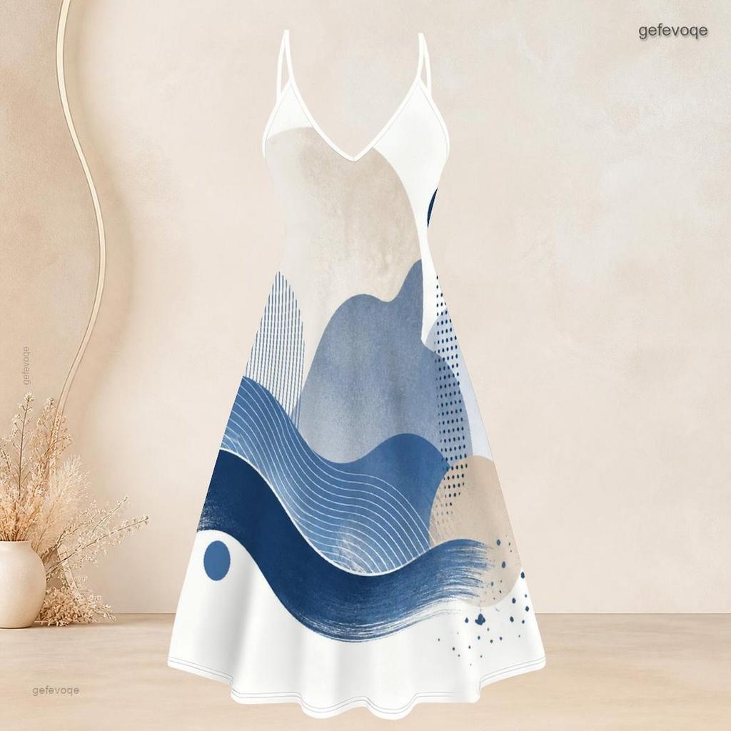 Women Plus Size Two Piece Set Blue Beige White Printed Short Sleeve Cardigan V Neck Strappy Flared Dress