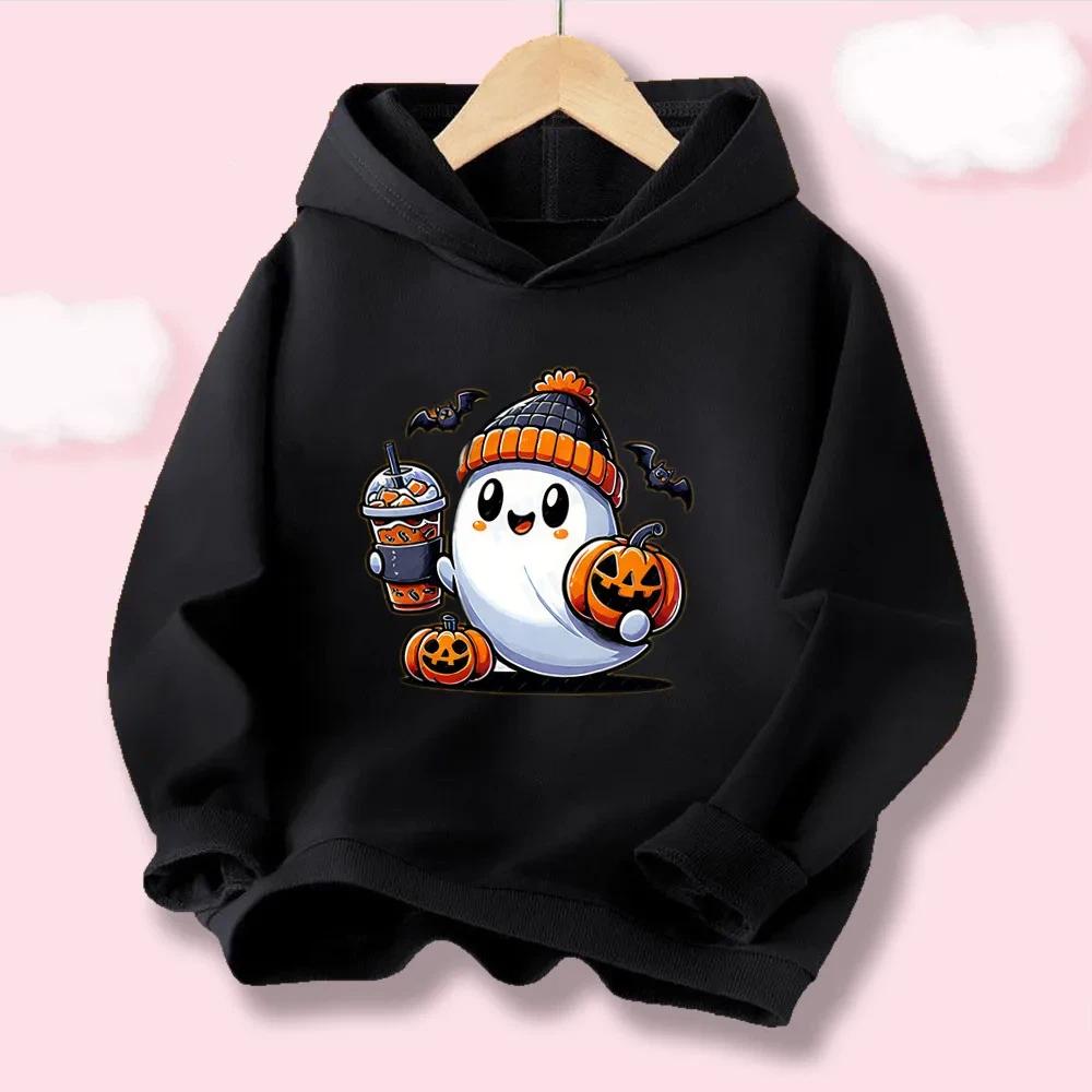 Kawaii Boys' & Girls' Halloween Hoodie "LOVE" Letter with Pumpkin and Skull Print, Casual Kids' Hooded Top