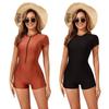 2026 European & American Women's Solid Color Zipper One-Piece Short Sleeve Swimsuit