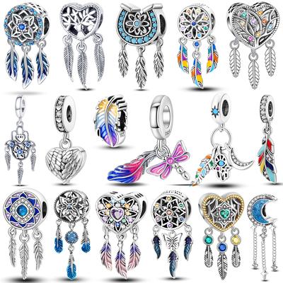 S925 Silver Inlaid Zircon Feather Charms Bead CZ Moon Dream Catcher Dangle Fit Original Bracelet Necklace DIY Jewelry
