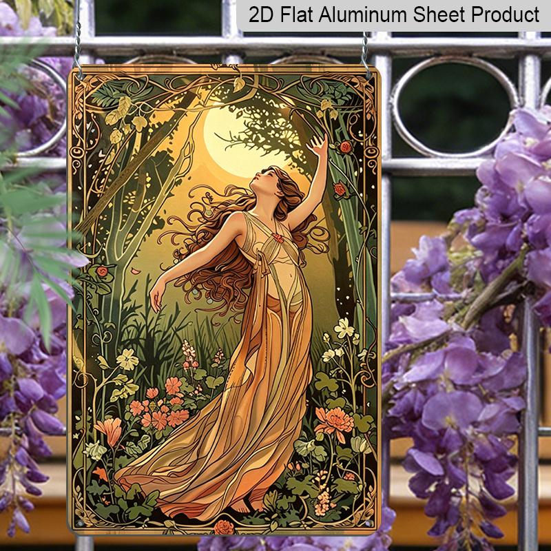 2D Flat Vintage Garden Girl Aluminum Wall Art- 8x12 Inches, Elegant Forest Scene with Flowing Dress& Blooming Flowers, Perfect for Indoor/Outdoor