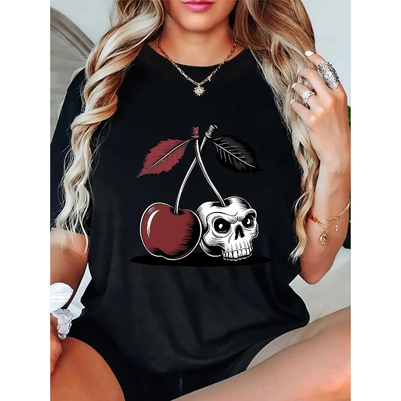 European Sizes Cherry & Skull Print Short Sleeve Crew Neck T-shirt