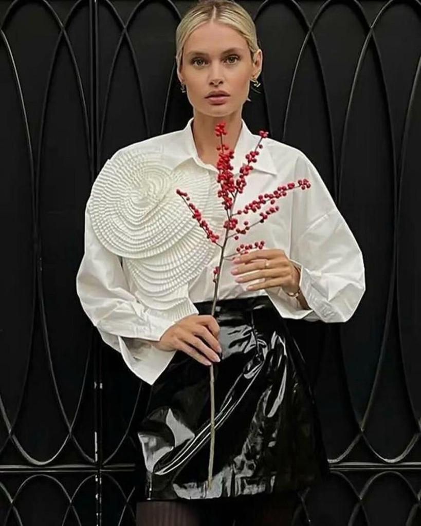 Herbstmode für Damen: Französisches Plissee 3D Blumen Streetstyle Hemd
