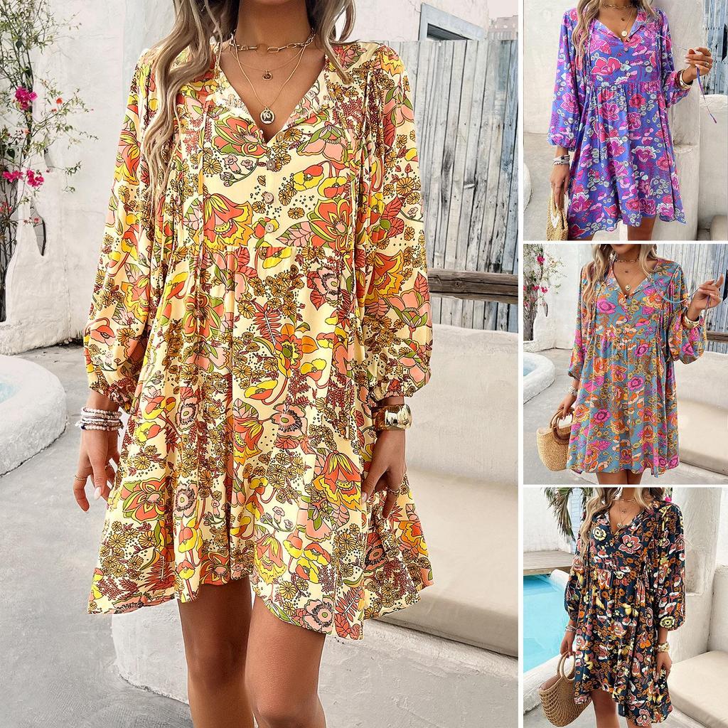 Di Yun Women's Casual Vacation Rayon Print Long Sleeve Dress - 2024 Spring/Summer Collection