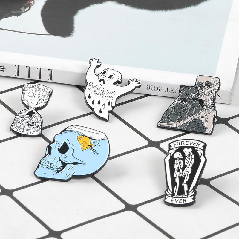 Creative Unique Skull Punk Style Brooch With Cartoon Ghost And Hourglass Design For Stylish Accessories