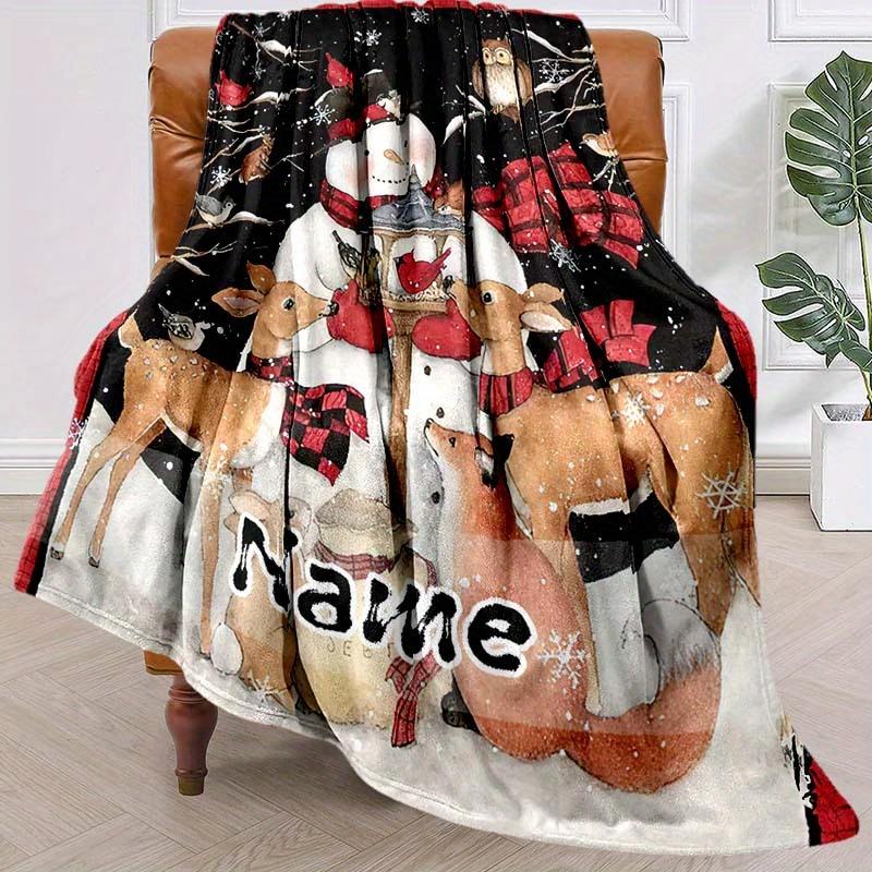 Christmas Deer Tree Customized Your Name Blanket Warm Comfortable Soft Blanket For Chair Office Sofa Bed Sofa Office Camping Suitable For Gifting