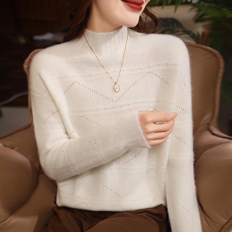 European Hollow Pure Wool Sweater - Women's Autumn/Winter Round Neck Knitwear
