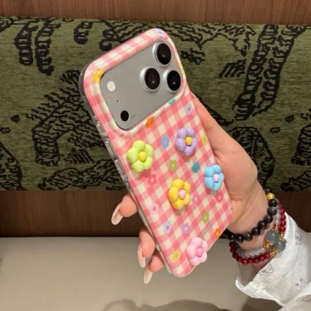 Cute Pink Plaid 3D Colorful Flowers iPhone 17 Pro Max Case Creative Girl Style Phone Cover