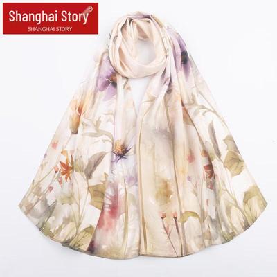Shanghai Story Women's 100% Mulberry Silk Printed Jacquard Long Scarf