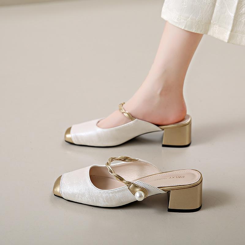 Embroidered Green Slippers Women's Summer New Low-heeled High-heeled Shoes Bag Head Temperament Sandals Women