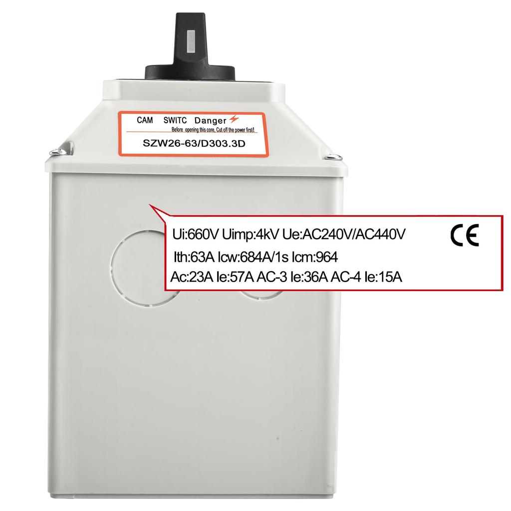 Heschen Universal Rotary Cam Selector Changeover 660V 3 Three Phase 12 with Master Switch Outer Box Switch, SZW26-63/D303.3D, 63A, ON-OFF-ON Position,