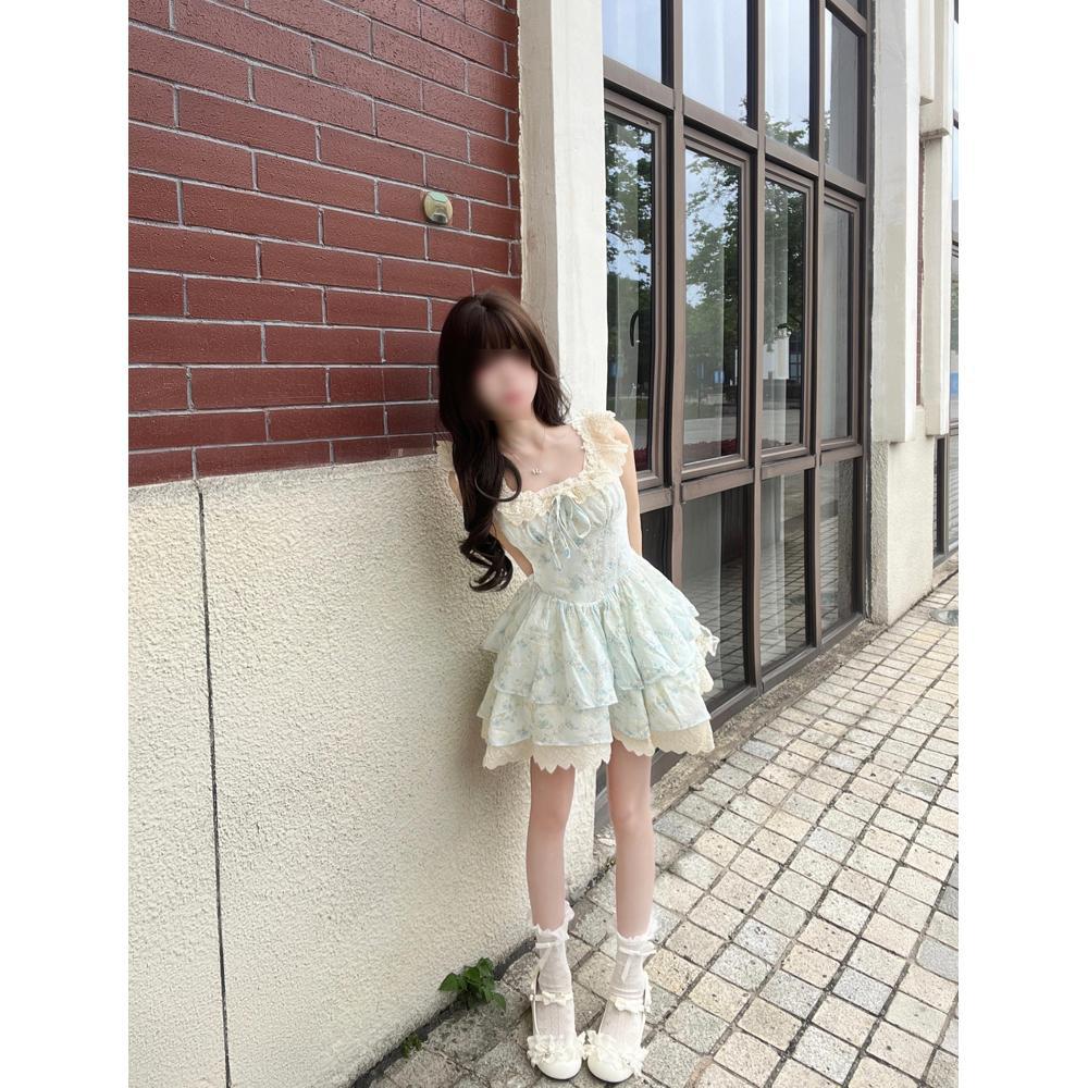 Pure Desire Floral Dress for Women's Summer Leisure, a While Ago, Showing Thinness and Waist Princess Cake Dress, Sweet Lace Short Dress