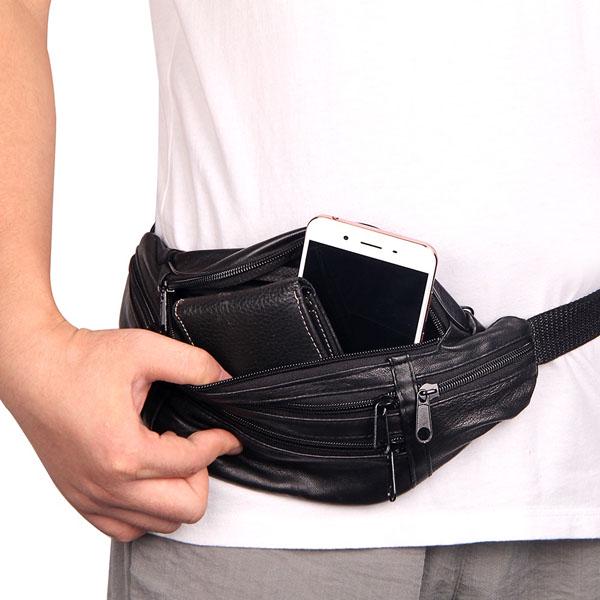 Męska skórzana saszetka biodrowa z wieloma kieszeniami i saszetką na nerkę