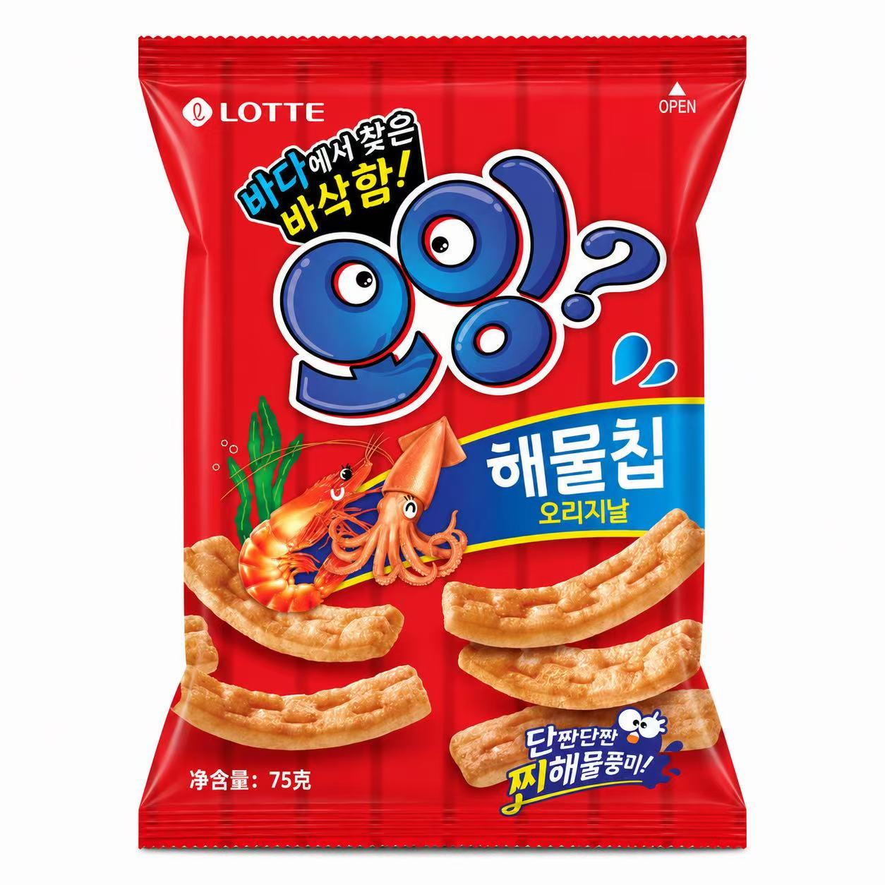 Хрустящие палочки Lotte со вкусом кальмара и креветки 75 г | Хрустящая текстура, пикантный морской вкус, удобный перекус 75g