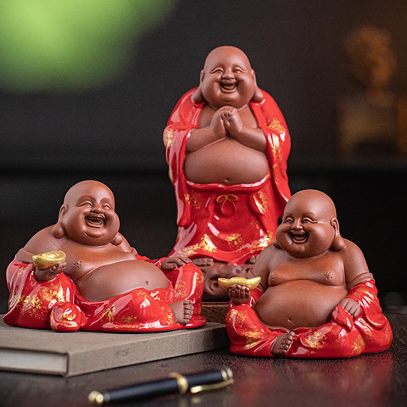 Chinese Zen Purple Clay Fortune Big Belly Maitreya Buddha Smiling Living Room Office Porch Desktop FENG SHUI Statue Decoration