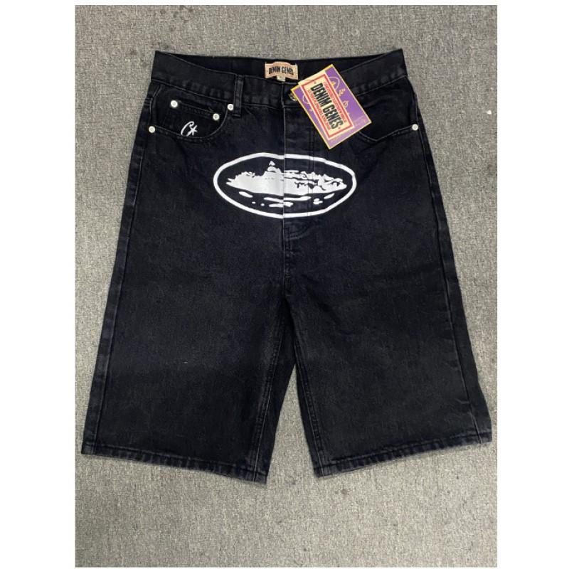Pantaloncini in denim Corteiz Alcatraz da uomo con stella ricamata, lavaggio vintage, taglio dritto, casual, vita media