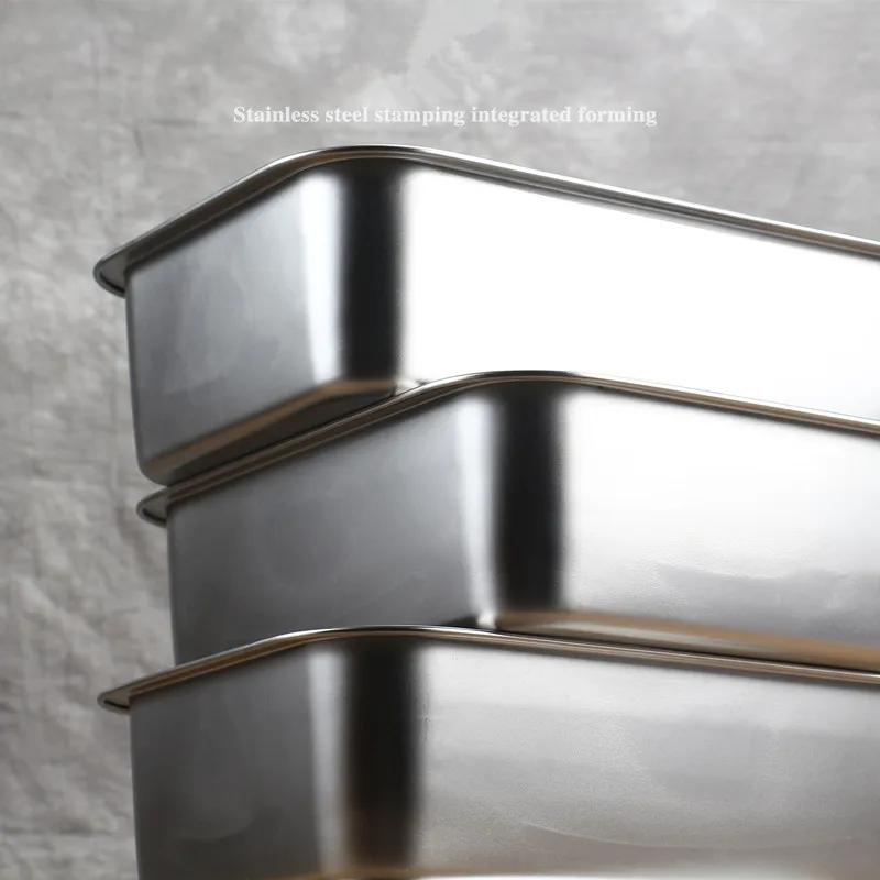 304 Stainless Steel Flat Bottom Rectangle Square Basin with Covered Dish Buffet Plate Food Basin Grilled Plate Bbq Storage Tray
