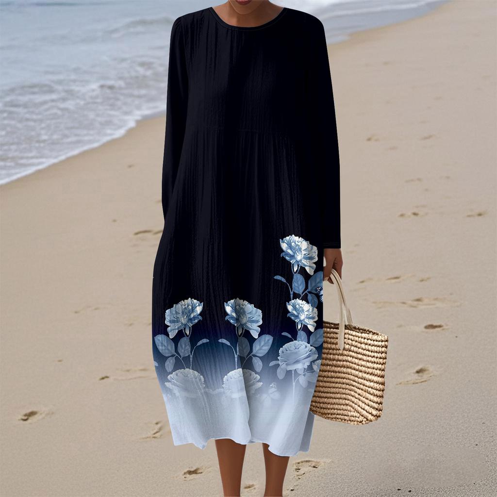 Women's Fashionable Casual Long-Sleeved Round Neck Floral Print Zipper Dress