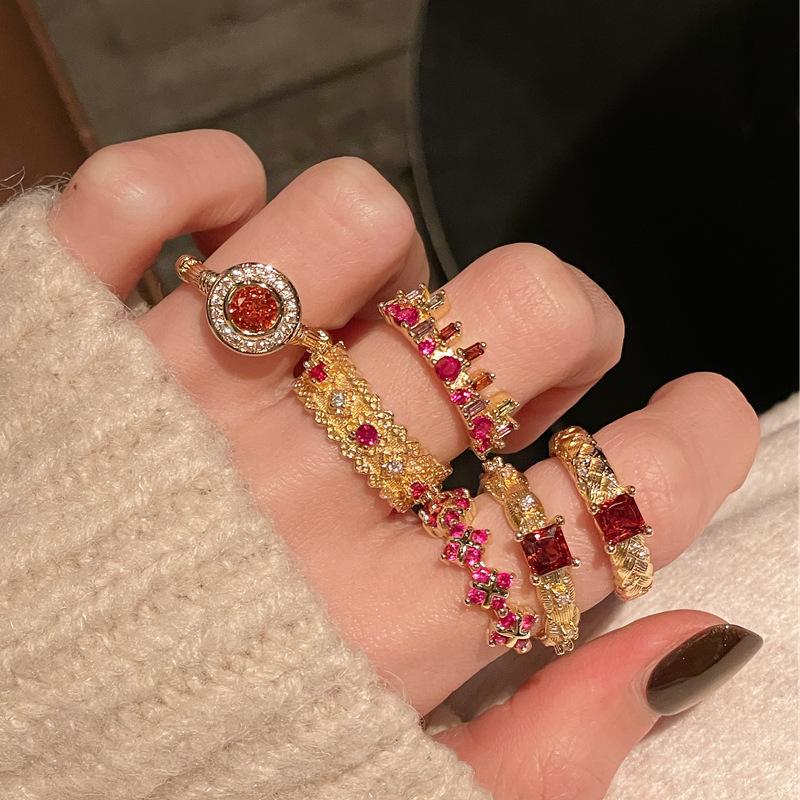 Medieval French Retro High-End Colored Treasure Zir*****Pen Ring Full Of Diamonds Exquisite Personalized Accessories