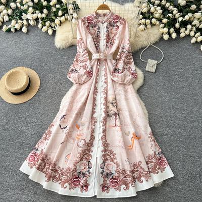 Women's Vintage Floral Print Long Maxi Dress Spring Stand Collar Long-Sleeve Single-breasted Fitted A-Line Dress