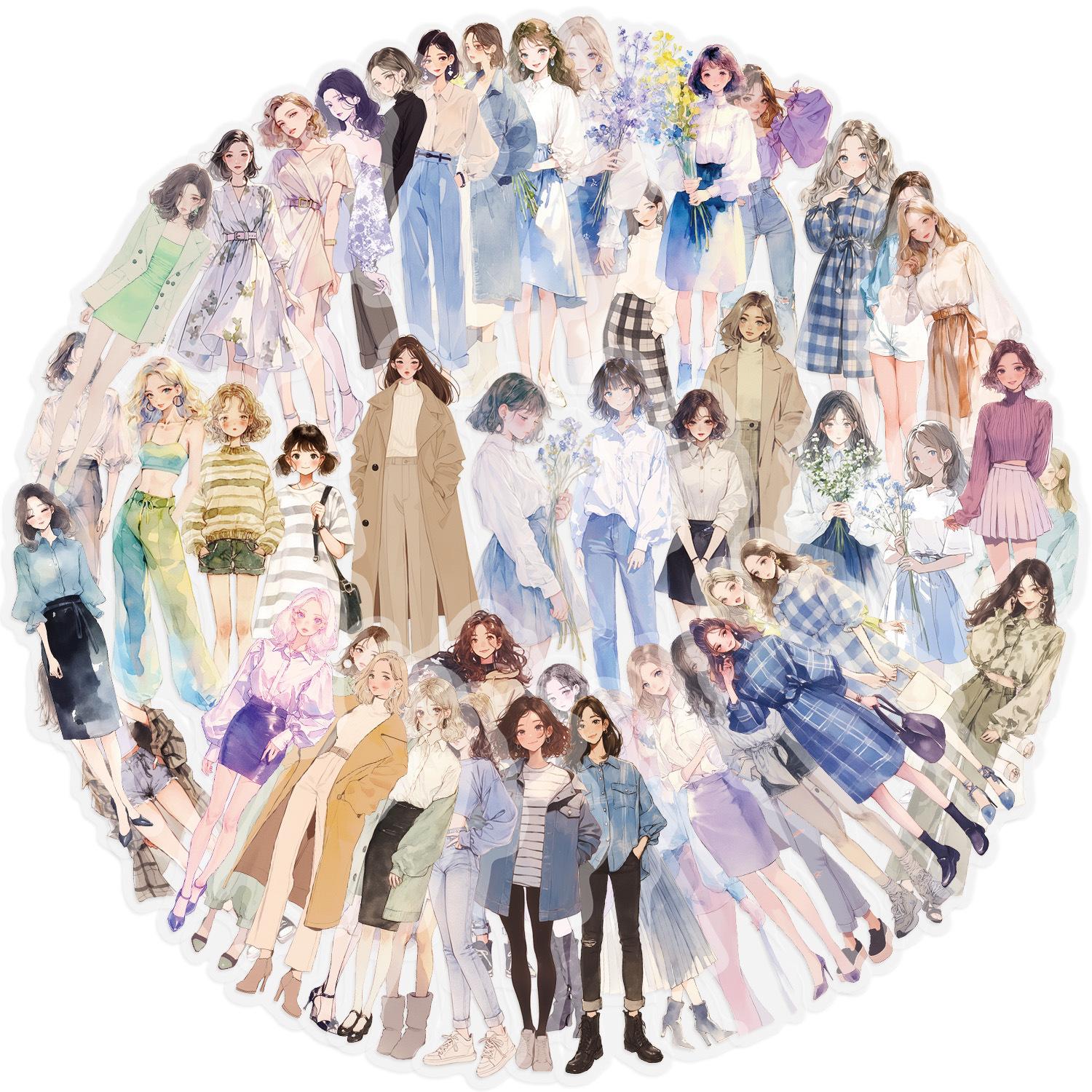 

50Pcs Cartoon Street Girl PET Material Transparent Stickers Water Cup Phone Case Guitar Decorative Sticker