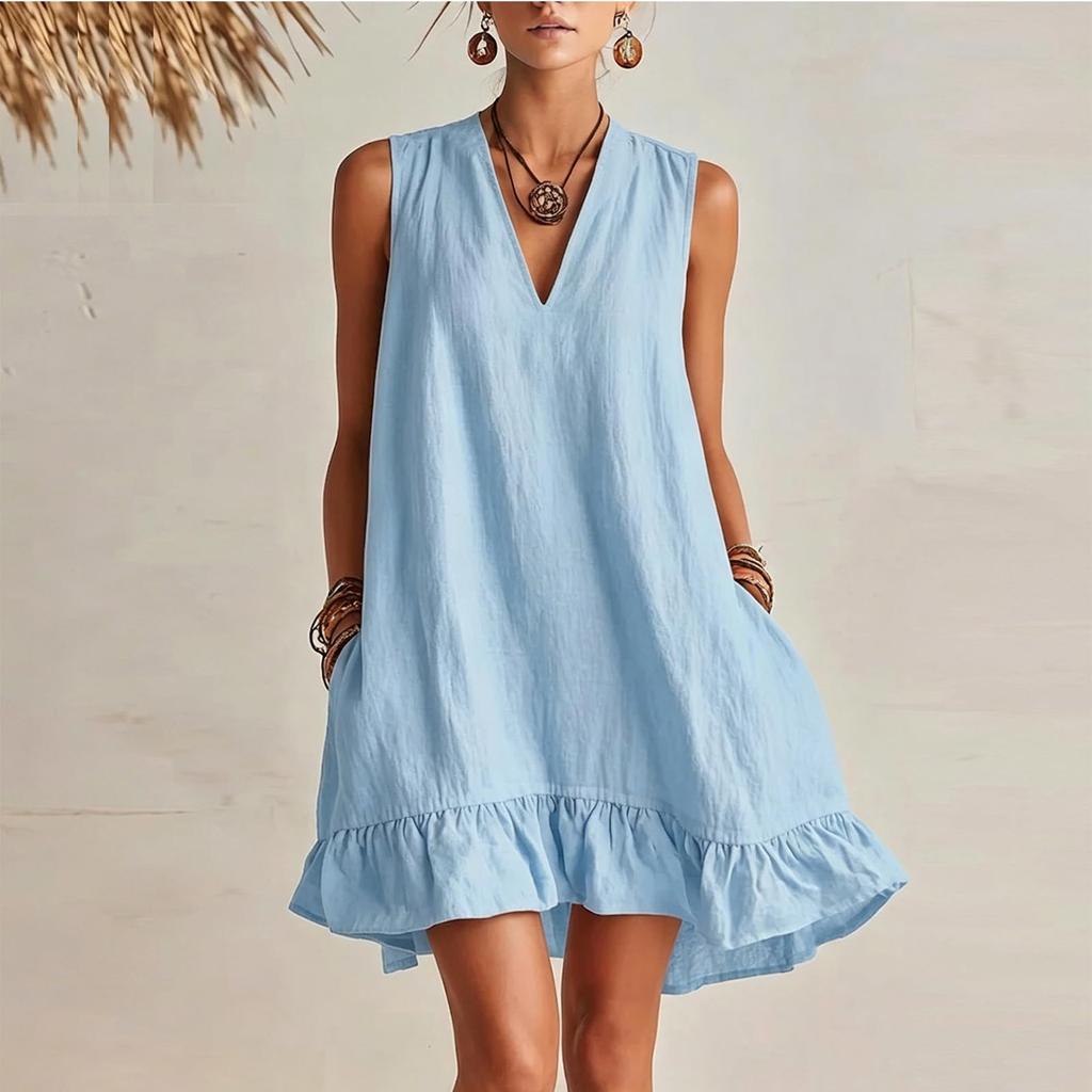 Damen V-Ausschnitt Ärmellos Rüschensaum Locker Sitzendes Kleid mit Taschen Sommerlich Lässig Leicht Einfarbiges Tunika-Kleid für den täglichen Gebrauch