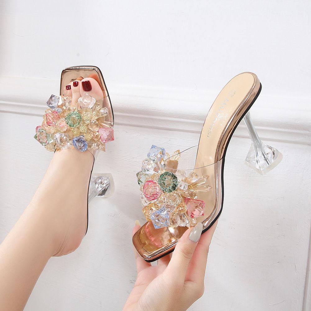 Shoes for Women Sexy Woman Slippers Heeled Sandals Clear Open Toe Slides Crystals Shoe H Sandal Easy Wears Low Price Stylish Vip