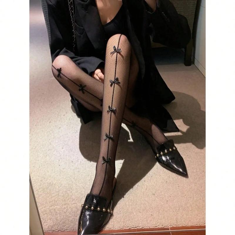 Bow Decor Fishnet Tights, Sexy Black Hollow Butterfly Mesh, Cute Bow Detail, Perfect Christmas Gift