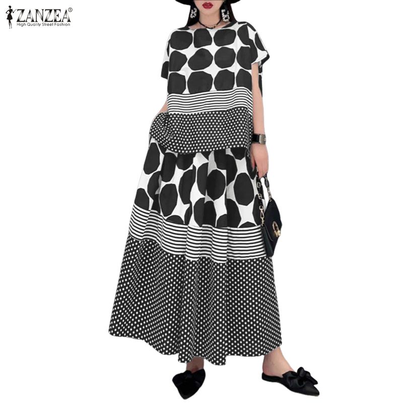 ZANZEA Women Short Sleeve Blouse and Long Skirts Polka Dot Print Two Piece Sets