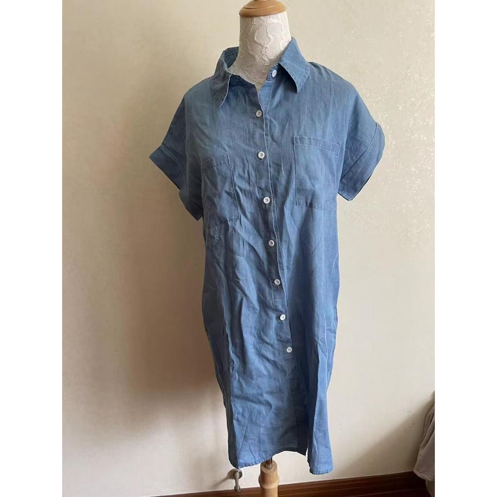 Women's Slim Fit Denim Shirt Dress - Short Sleeve Button-Down Midi Dress with Pockets, Casual Stretchy Jean Dress for Summer, Spring
