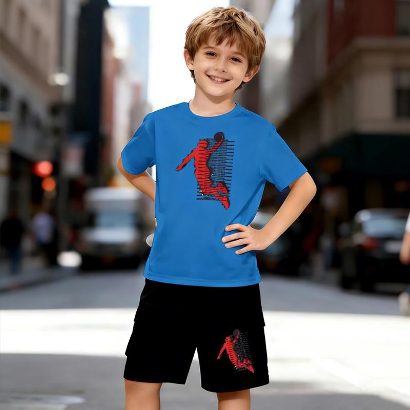 Boys 2 Piece Basketball Theme Outfit, Short Sleeve T-Shirt and Shorts Set for Kids Age 5-14, Black and White Sporty Casual Summer Clothes