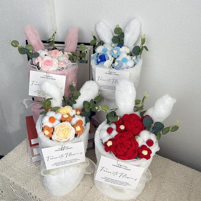 Rabbit Ear Plush Bouquet Rabbit Ear Knitted Flower Bundle Cotton Rope Artificial Roses Bouquet