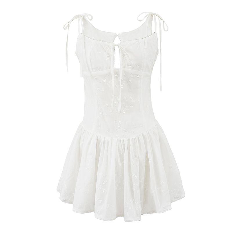 

Moon Shadow Fairy French style Pure Desire Gyaru Bow Lace-up Flower Embroidery Waist Hugging Ballet Style Sling Dress White Shoelace Slip Skirt L