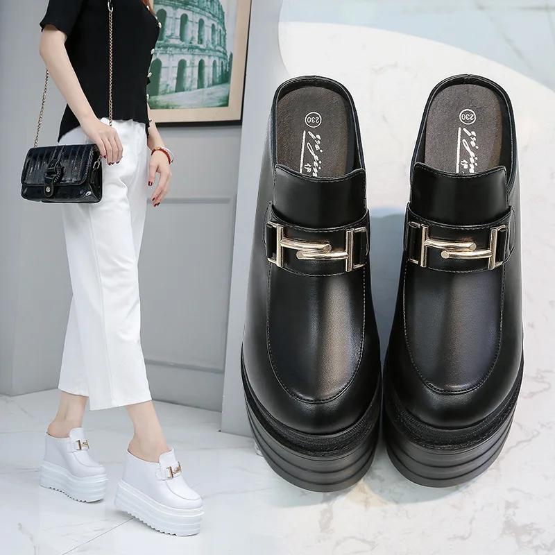 Fashion 13CM Platform Genuine Leather Women Summer Shoes Heightening Slippers Wedge Sandals Rhinestone Hollow Female Slip On Shoes