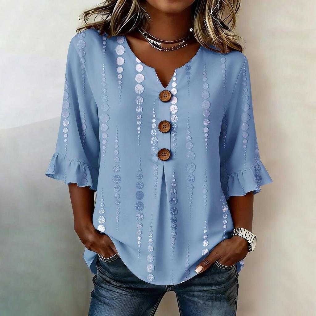 Womens V Neck Striped Print Button Loose Fit Ruffle Sleeve Blouse Casual Relaxed Fit Top for Everyday Wear