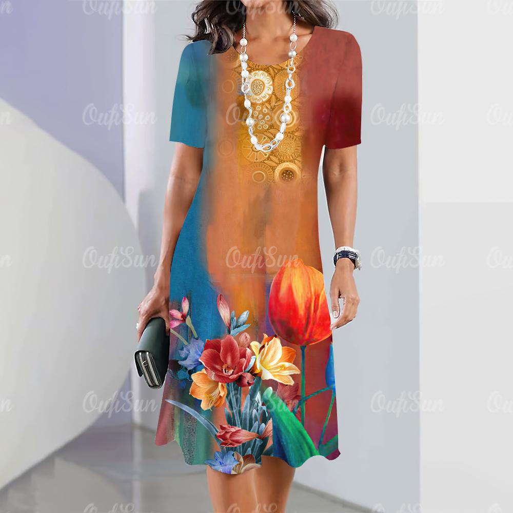 Women's Dresses 2024 Summer Women's Dresses Vintage Printing Travel Party Dresses Elegant Casual Loose Short Sleeve Blouse Y2k