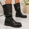 Vintage Buckle Decro Pu Leather Riding Boots Women  Slip On Middle Heel Mid Calf Boots Woman Round Toe Autumn Winter Botas