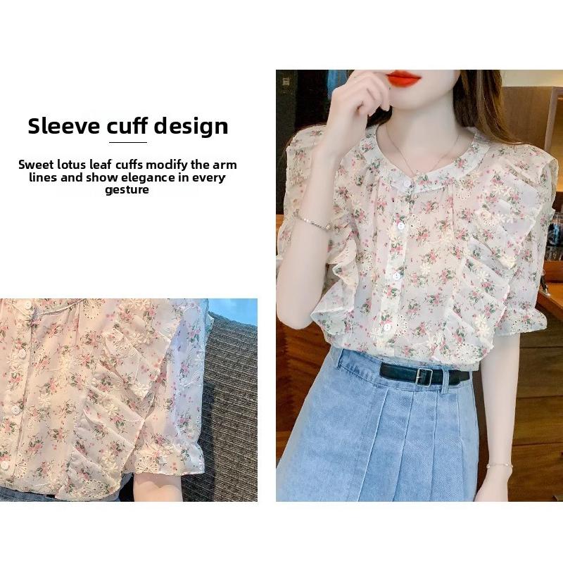 Ruffled floral chiffon blouse for women, summer 2026, sweet and elegant short-sleeved casual top