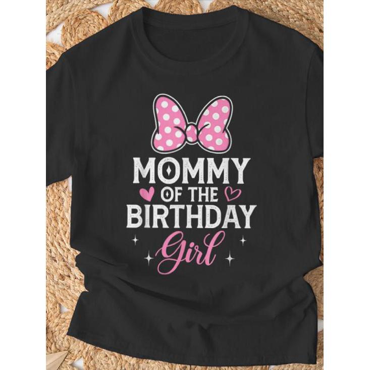 Mommy Of The Birthday Girl Pink Bow Family Matching T-Shirt Tee | Casual Crew Neck, Slight Stretch Fabric, Regular Fit, Print Pattern, Perfect For
