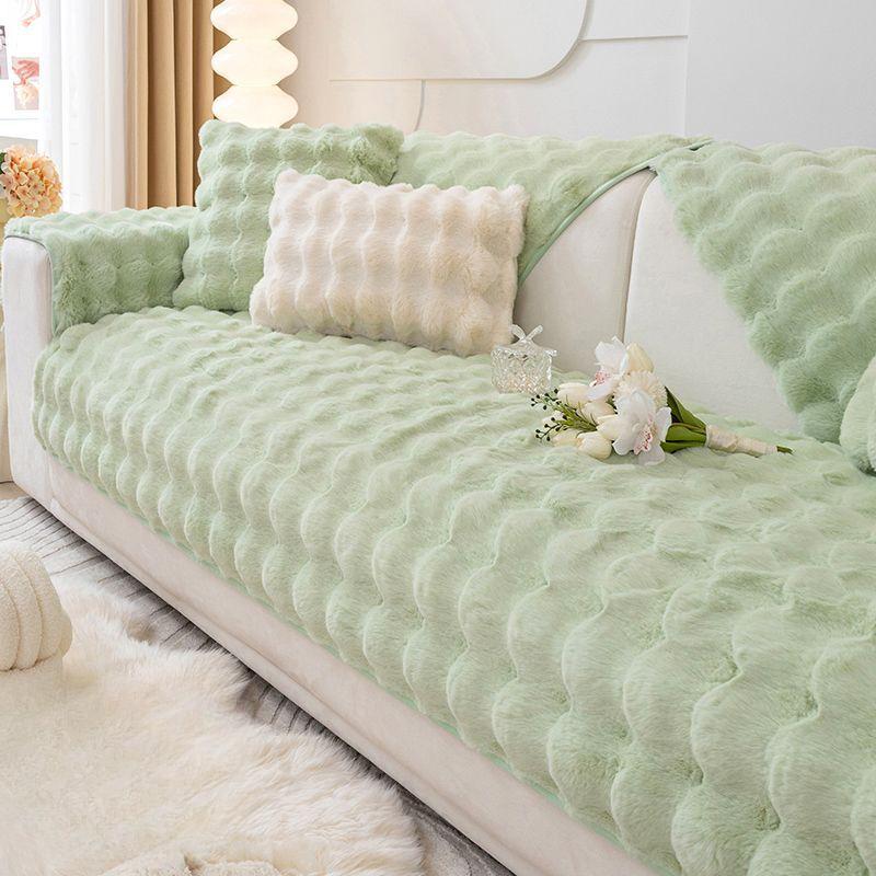 Rabbit Plush  Sofa Cover Winter Thickened Couch Pad Solid Color Premium Anti Slip Sofa Protective Blanket Sofa Dust Cover Towel
