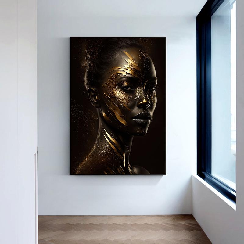 Schwarzgold Afrikanische Frau Porträt Poster Leinwand Malerei Abstrakte Wand Kunst Bild Für Moderne Wohnzimmer Dekoration