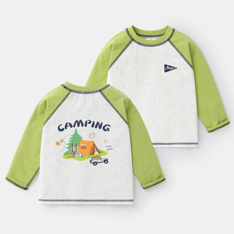 Right Europe Boy s Long-Sleeved T-shirt Baby 25 Autumn New Arrival Kids Children s Clothing Little Kid s Undershirt Autumn Tops Autumn Gray Background, Yellow-Green Sleeves 120