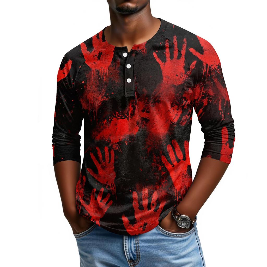 Men Casual Halloween Print Henley Shirt Raglan Sleeve Three Quarter Length Button Front Top
