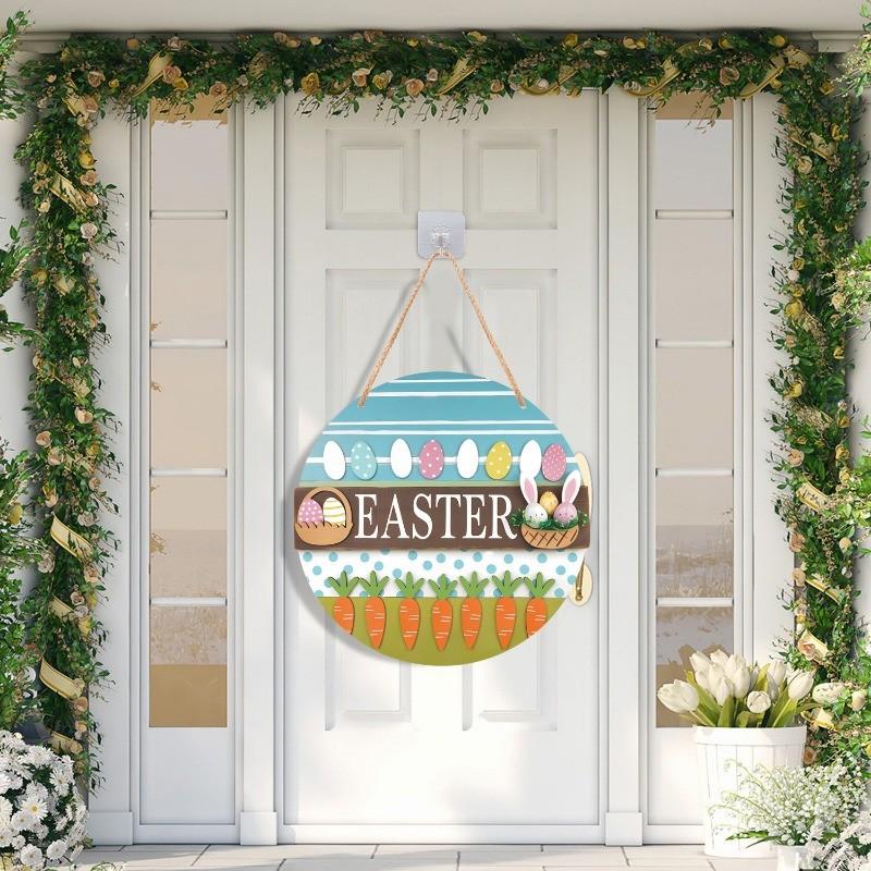 Easter Bunny Welcome Sign Wooden Door Hanging Decoration for Home Room Gate Holiday Craft Ornament Background Wall Decoration