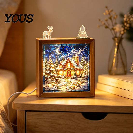 Innen-Haus-Dekoration DIY Weihnachten Acryl-Puzzle Nachtlicht, Holzrahmen Handmontiertes Puzzle Schreibtischlicht Lampe, Kreatives LED für Schlafzimmer