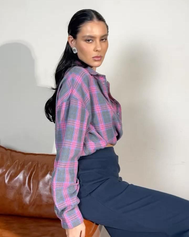 2024 Autumn Women's Retro Plaid Loose Lapel Shirt with Long Sleeves and Pocket