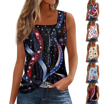 Women's Summer Casual Pleated Square Neck Sleeveless Tank Top Printed T-Shirt